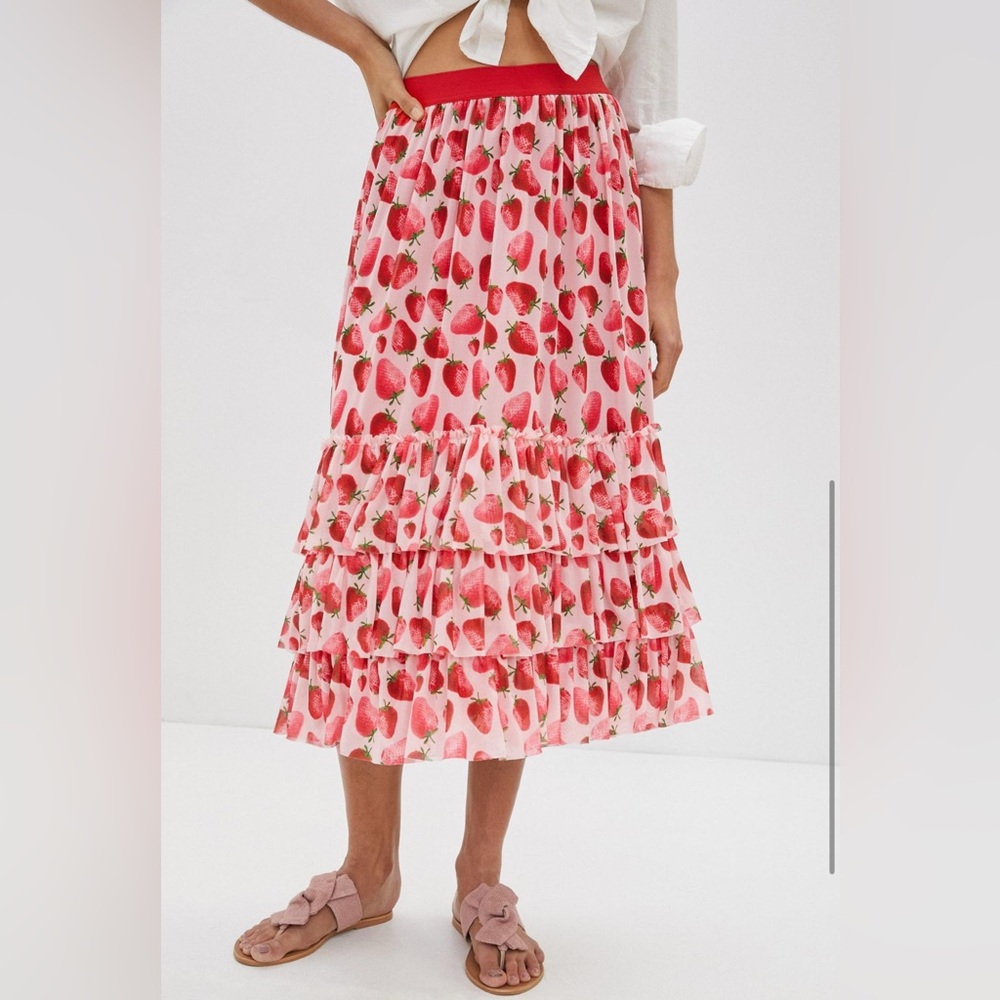 Eva Franco Anthropologie Strawberry Tiered Midi Skirt